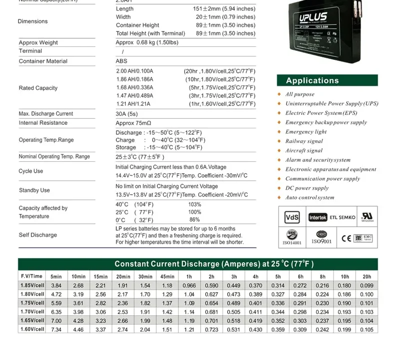 Baterai Accu Uplus LP Series 12 Volt 2,0 AH